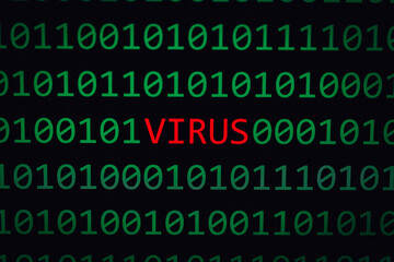 the word Virus and Binary codes on screen - Internet security concept for virus