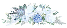 Dusty Blue Rose, White Hydrangea, Ranunculus, Magnolia, Anemone, Succulent