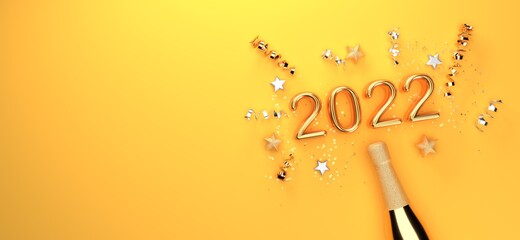 Poster - New Year 2022 celebration theme with a champagne bottle with confetti - 3D render