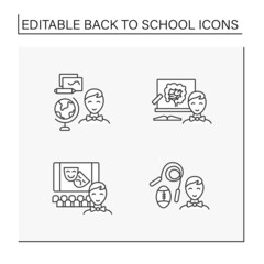 Wall Mural - Back to school line icons set. Happy schoolboy ready to study. Geography, biology, theatre and physical education lessons. Education concept. Isolated vector illustrations. Editable stroke