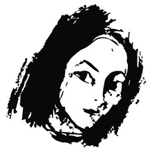 Pretty Female Face. Head Of A Smiling Young Woman. Hight Contrast Black And White Silhouette. Hand Drawn Rough Sketch.