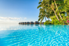 Outdoor Pool At A Luxury Beach Resort With Overwater Bungalows, Moorea, French Polynesia