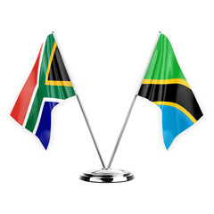 Wall Mural - Two table flags isolated on white background 3d illustration, south africa and tanzania