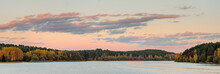 Forest With Autumn Trees In Minsk Sea Above. Yellow, Red And Green Nature, High Top View. Colorful Purple Sunset Twilight Evening Sky. High-resolution Stitch Panorama Image. The Colours Of The Sunset.