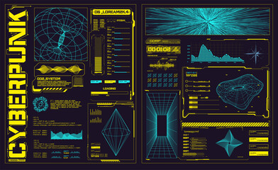 Poster - Abstract digital technology. Futuristic HUD, FUI, Virtual Interface. Glitch Cyberpunk shapes retro futurism concept. Vaporwave abstract elements for web banners, Futuristic info boxes layout templates