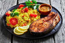 oven baked salmon steak with yellow rice