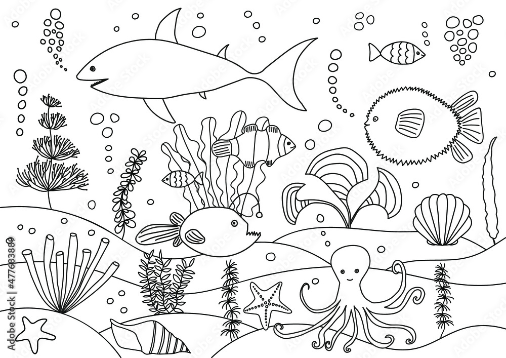 Sea life animals coloring page. Different vector fish coloring book for ...