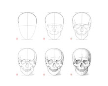Page Shows How To Learn To Draw Sketch Of Human Skull. Creation Step By Step Pencil Drawing. Educational Page For Artists. Textbook For Developing Artistic Skills. Online Education. Vector Image