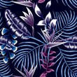 Trending abstract purple heliconia flower and bird of paradise flower seamless pattern with colorful tropical plant leaves on night background. Summer design. fashionable print. Floral background