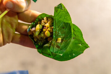 Thai Leaf Wrap Salad Bite/ Miang Kham in hand