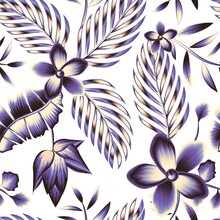 Exotic Natural Illustration With Colorful Abstract Tropical Banana Flowers, Frangipani Plants And Palm Leaves Seamless Pattern On White Background. Floral Background. Exotic Tropics. Summer Prints