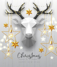 Merry Christmas And Happy New Year Poster With Christmas Holiday Decorations. Paper Deer Head. Christmas Holiday Background. Vector Illustration
