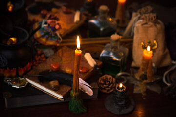 Magic scene, Mystical atmosphere, view of candles on the table, esoteric concept, fortune telling and predictions