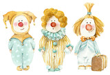 Fototapeta Koty - Three red-haired clowns. Happy circus. Watercolor hand drawn illustration
