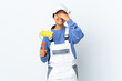 © luismolinero - Painter woman over isolated white background covering eyes by hands and smiling