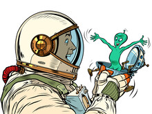 A Surprised Male Astronaut Looks At An Alien In A Festive UFO Flying Saucer Box