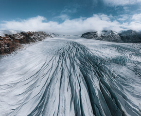 Wall Mural - Aerial drone panorama top view glacier iceland svinafellsjoekull, Melting Ice, Climate Change and Global Warming Concept