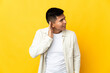 © luismolinero - Young Ecuadorian man isolated on yellow background listening to something by putting hand on the ear