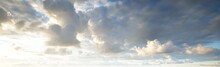 Ornamental Clouds. Dramatic Sky. Cloudscape. Soft Sunlight. Panoramic Image, Texture, Background, Graphic Resources, Design, Copy Space. Meteorology, Heaven, Hope, Peace Concept