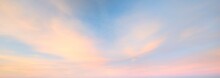 Clear Blue Sky With Glowing Pink And Golden Clouds After The Storm. Dramatic Sunset Cloudscape. Concept Art, Meteorology, Heaven, Hope, Peace. Graphic Resources, Picturesque Panoramic Scenery
