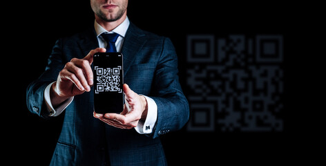 Qr code mobile. Digital mobile smart phone with qr code scanner on smartphone screen for online pay, scan barcode on black background. Qrcode payment, online shopping, cashless technology concept.