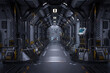 Futuristic space station or spaceship interior corridor. Science fiction concept 3D rendering.