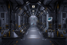 Futuristic Space Station Or Spaceship Interior Corridor. Science Fiction Concept 3D Rendering.