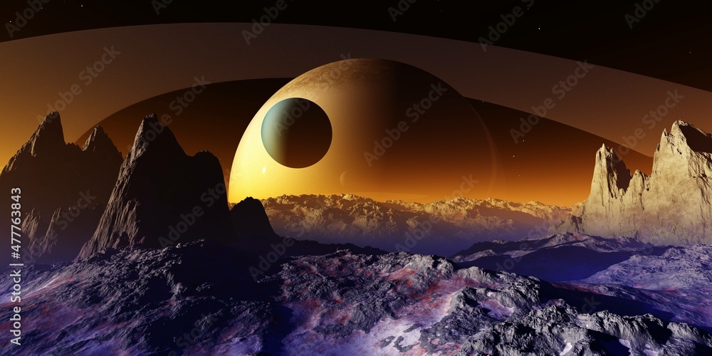 Incredibly beautiful alien landscape at the rising of a star and a ...