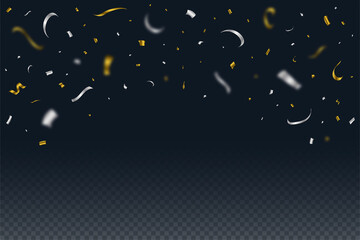Wall Mural - Golden and silver confetti falling isolated on dark blue background. Festival elements. Confetti vector for carnival background. Anniversary celebration. Shiny party tinsel and confetti falling.