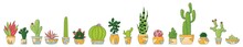 Set Of Different Vector Colorful Succulent And Cacti Desert Plants In Plant Pot, Hand Drawn Style Vector Illustration Isolated On White Background. Cactus Icon For Greeting Card And Invitations.