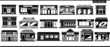 Set of black and white city buildings on a white background. Set of icons of markets, grocery stores, restaurants, cafes, pizzerias and other city buildings.