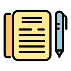 Sticker - Notebook and pen icon. Outline notebook and pen vector icon color flat isolated