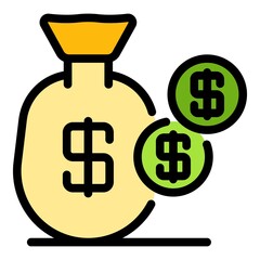 Sticker - Sack profit dollar icon. Outline sack profit dollar vector icon color flat isolated