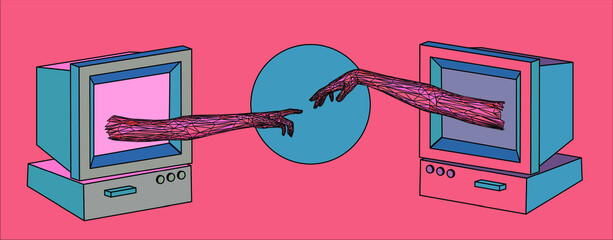 Aufkleber - Vector 3D model of hands going to touch together, reminiscent of Michelangelo's artwork.