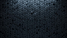 Semigloss Tiles Arranged To Create A Hexagonal Wall. Black, 3D Background Formed From Futuristic Blocks. 3D Render