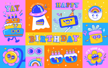 Wall Mural - Birthday greeting card with funny and cute characters design. 