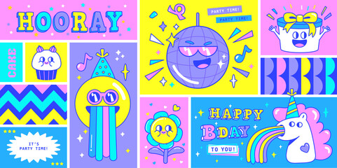 Wall Mural - Birthday greeting card with funny and cute characters design. 