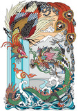 Fototapeta Konie - Jade Green Dragon and Gold Phoenix Feng Huang playing a pearl. Two celestial mythological creatures. Vector illustration inspired by a Chinese Folklore Legend or Myth, Tale