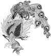 Chinese phoenix or Feng Huang magical bird. One of the celestial feng shui animals. Black and white outline vector illustration