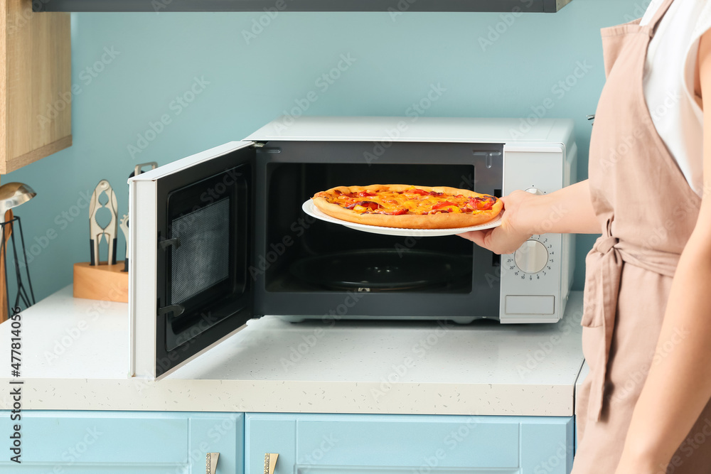 Housewife putting plate with pizza into microwave oven in kitchen