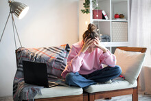 Unhappy Teen Girl During Home Online Education Using Laptop