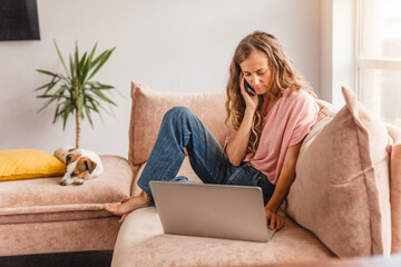 Poster - Cheerful woman using silver laptop