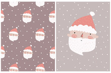 Cute Christmas Vector Illustration And Seamless Pattern. Funny Smiling Santa Claus Isolated On A Brown Background. Infantile Style Winter Holidays Print Ideal For Card, Wall Art, Christmas Decoration.