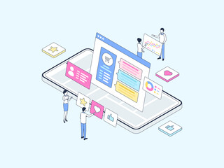 Wall Mural - testimonial mobile isometric illustration lineal color. suitable for mobile app, website, banner, di