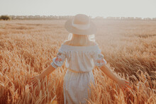 Amazing View With Woman His Back To Viewer In A Field Of Wheat Touched By Hand Of Spikes In The Sunset Light. Golden Wheat Fields. Wheat Ears In Hands. Harvest Concept. Image Of Spikelets In Hands.