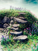 Colorful Scene With Steps Made Of Rocks On A Green, Flowering Meadow. 3D Render.