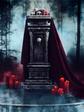 Dark Scene With A Gothic Monument With Skulls And Red Candles At Night. 3D Render.