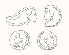 Abstract Logo Of Young Woman Face In Linear Style. Beauty Concept Vector Illustration