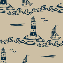 Seamless Vector Pattern With Nautical Style Lighthouse On Beige Background. Simple Hand Drawn Vintage Marine Wallpaper Design. Decorative Sea Wave Fashion Textile.