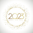 A Happy New Year 2023 symbol. White bg. Web icon or button. Round logotype concept. Abstract isolated graphic design template. Christmas creative decoration. Golden snowy ball. Shiny glittering digits